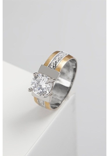 925 Ayar Gümüş Zirkon Taşlı Çift Renk Üç Sıra Bayan Alyans Yüzük -7964