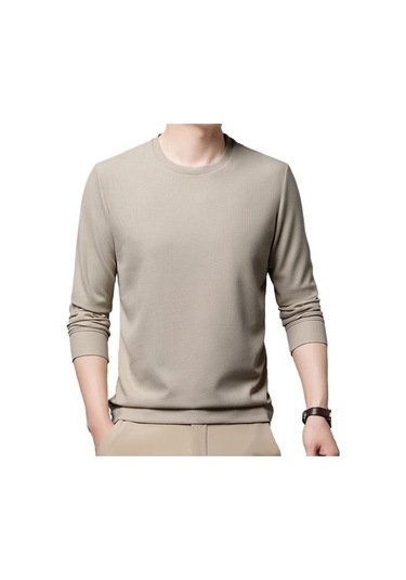 Erkekler Sonbahar Bahar Üst Düz Renk Yuvarlak Yaka Uzun Kollu Gevşek Kalın Yumuşak Kazak Rahat Orta Uzunlukta Basit Stil Elastik Erkek Kazak Bej