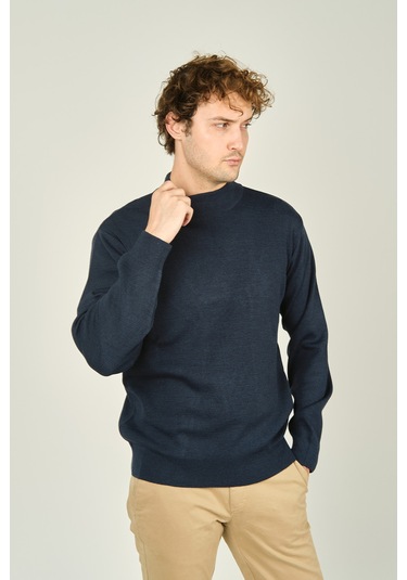 Ateş Triko Erkek Yarım Balıkçı Yaka Yün Kazak 6091024 Indigo Indigo İndigo