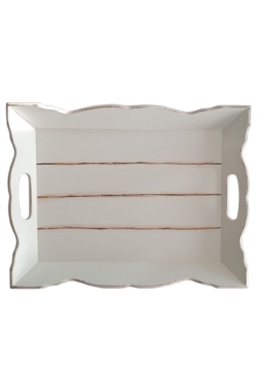 El Boyaması Dalgalı Model Beyaz Ahşap Servis Tepsisi Ahşap - Beyaz