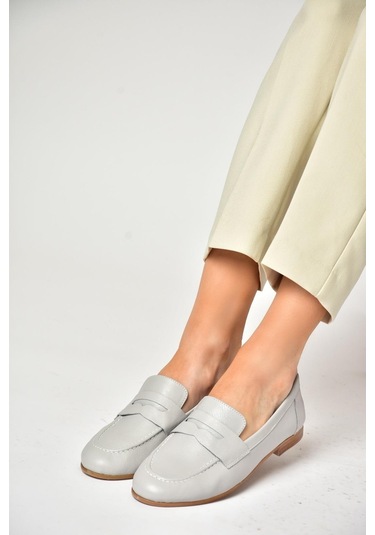 Fox Shoess944007803 Gri Hakiki Deri Kadın Babet Gri