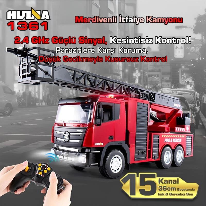 Huına 1361 1/18 15ch Rc Model Uzaktan Kumandalı Merdivenli Yangın Söndürme İtfaiye Kamyonu İş Makinesi -su Püskürtme Fonksiyonlu-2.4g Gerçekçi Similasyon Ses Ve Işık Sistemi