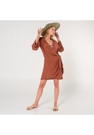 Mona Kadın Kruvaze Pul Baskılı Plaj Elbisesi Tarçın Turuncu