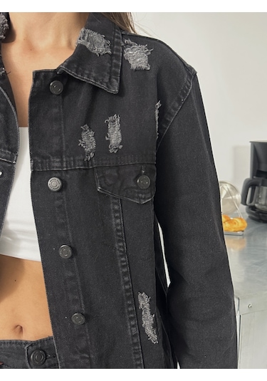 Blue Marlin Kadın Siyah Lazer Yirtik Detayli Boyfriend Kot Ceket Siyah