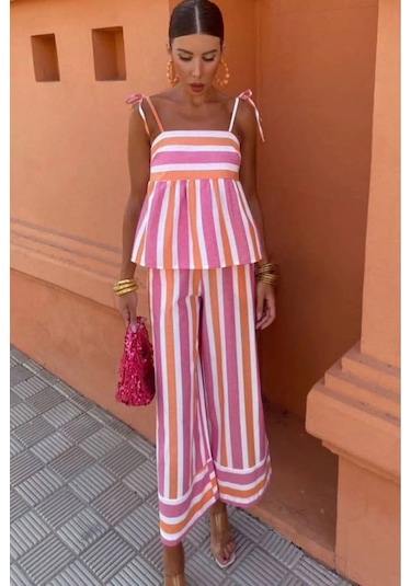 Lolipop Pastel Çizgili Beli Bol Salaş Askılı Rengarenk Yazlık Tatil Pantolon Bluz Takım Pembe