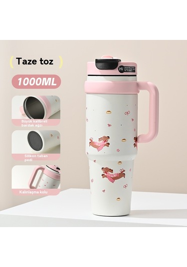 Jian Fan Termos Kupası Kız Çocuk Büyük Kapasiteli Buz Bardağı Hasır Bardak - Kırmızı Kırmızı