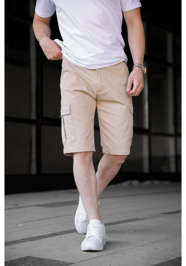 Bej Renk Kargo Cepli Gabardin Erkek Şort-1802 Bej