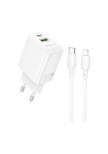 Borofone Bn29 Fuente Pd30w + Qc3.0 Şarj Seti 1m Tip-c İle 8 Pin Kablo, Fiş Tipi: Ab Fiş Beyaz Beyaz