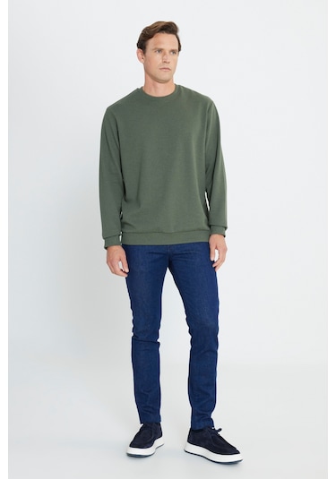 Ac&Co / Altınyıldız Classics  Erkek Hakı 2 İplik Sıcak Tutan Standart Fit Normal Kesim Bisiklet Yaka Sweatshirt Hakı Haki