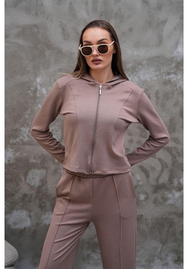 Elaxi Modal Kumaş Slim Fit Kapüşonlu İkili Takım VİZON