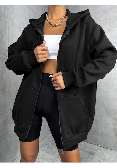 Adrift Unisex Renkli Oversize Kapüşonlu Fermuarlı Hırka Siyah