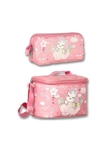 Cennec Sevimli Unicorn Kız Çocuk Pembe Isı Yalıtımlı Beslenme Çantası Ve Kalemlik Seti