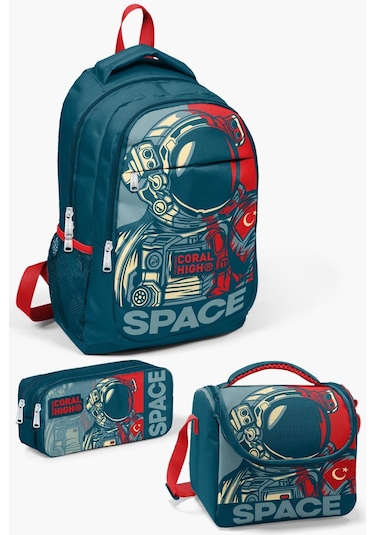 Coral High Kids Çivit Kırmızı Astronot Desenli 3 Lü Okul Çanta Seti Set0114389