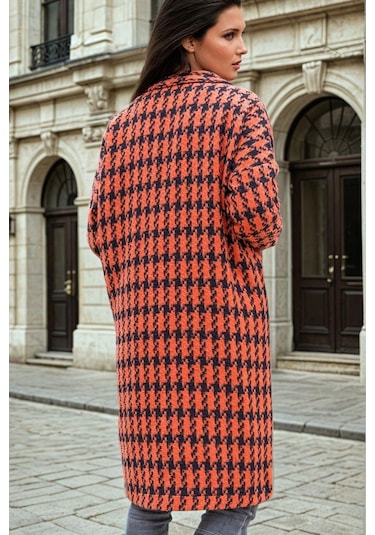 Turuncu Kaz Ayağı Desenli, Cep Detaylı, Uzun Kaban Turuncu