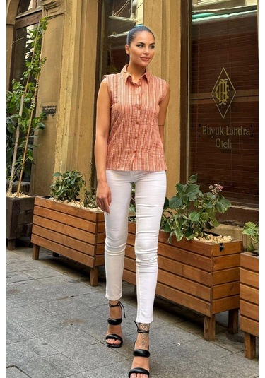 Kadın Bordo Çizgili Desen, Dokulu Bodrum Kumaş, Kolsuz Rahat Gömlek Bordo