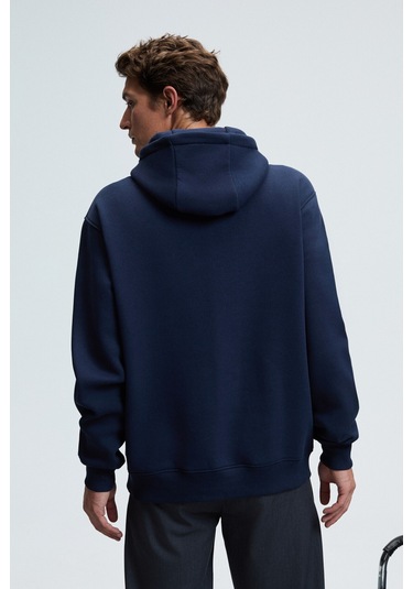 AMOS Erkek Yumuşak Kumaşlı 3 İplik Oversize Kapüşonlu Kanguru Cepli Lacivert Sweatshirt