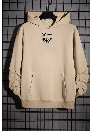 Cartoon Graphic Thermal Lined Drawstring Sweatshirt Bej