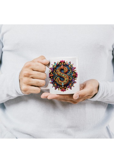 S Harfi Boho Bardak, Renkli Özel Tasarım Hediyelik Harfli Kupa, 330ml Porselen Beyaz