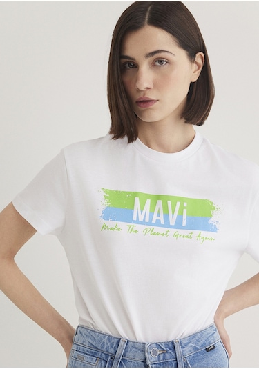 Mavi - Doğa Dostu Make The Planet Great Again Baskılı Tişört 16 Beyaz