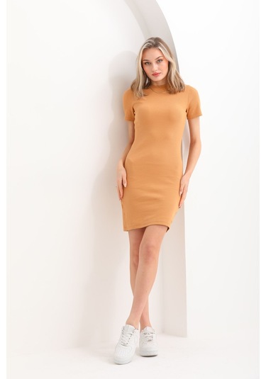 Kallima Hardal Vücuda Oturan Kısa Kollu Mini Fitilli Esnek Elbise Hardal