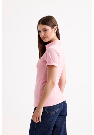 Sweetness Kadın Pembe Gömlek Yaka Kısa Kol Pamuklu Tişört Pembe