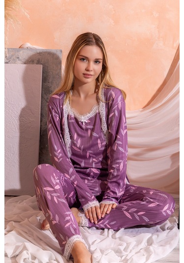 Sabahlıklı Dantel Detaylı Pegasus Kadın Pijama Takımı-çeyizlik Takım- Geniş Beden Aralığı Lila