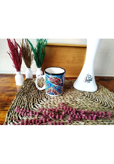 El Yapımı Seramik Kupa Organik Boya Lale Figürü MAvi