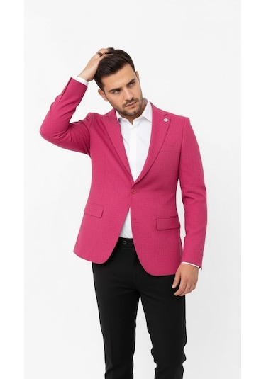 Plus Scorpion Fuşya Erkek Slim Fit Tek Düğmeli Blazer Ceket Astarlı, Şık Ve Modern Kesim Fuşya