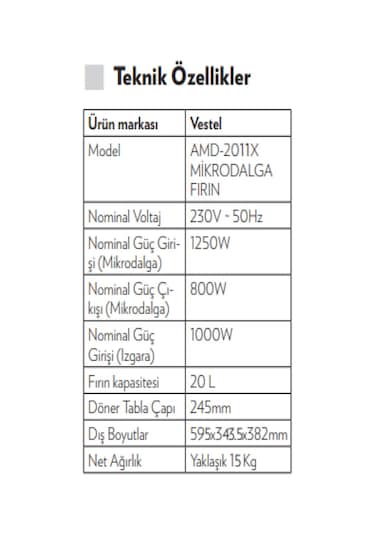 Vestel AMD-2011 X 1000 W 20 LT Ankastre Mikrodalga Fırın