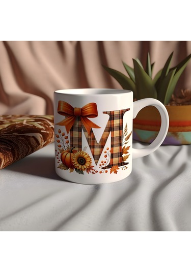 M Harfi Ekose Ve Sonbahar Temalı Kupa Bardak - Kişiye Özel Sıcak Tonlar Alfabe Kupa - Hediye Beyaz