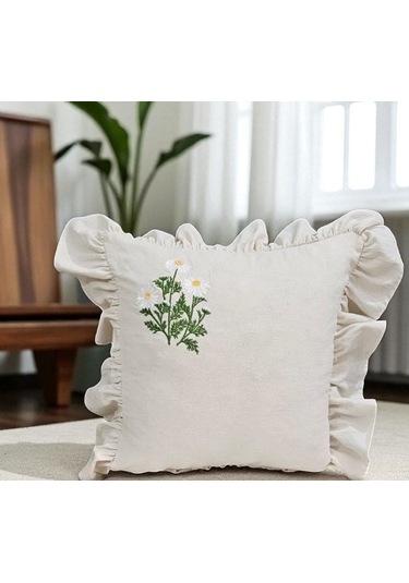 Yıkanmış Keten Papatya Nakıslı Fırfırlı Kırlent Kılıfı Beyaz