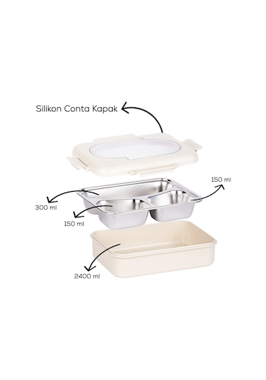 Porsima 3110 Paslanmaz Çelik 3 Bölmeli Vakumlu Yemek Termosu Beslenme Kutusu Taşınabilir Lunch Box Sefer Tası - Krem