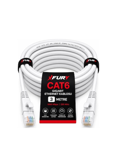 Fury Cat6 Ethernet Kablosu 3 Metre Rj45 Lan İnternet Modem Router Bilgisayar Kablosu