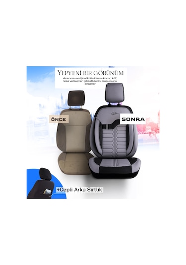 Panda Londra Serisi İngiliz Jakar Kumaş Oto Koltuk Kılıfı - Açık Gri - Siyah