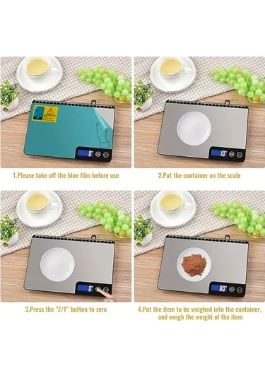 Motion003 8 İnç Uzunluk 33 Pound Kapasiteli Gümüş Rengi Siyah Dijital Mutfak Terazisi 1g Hassasiyet Gram Ons Ölçüm Paslanmaz Çelik Cam Platform Gümüş Rengi+siyah