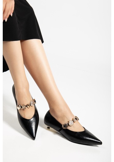 Kadın Kısa Topuklu Aykkabı Siyah Rugan Baretli Minik Ökçe-4322 Siyah