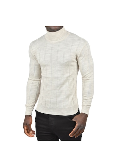 Deepsea Erkek Bej Slim Fit Likralı Tam Balıkçı Yaka Çizgili Boğazlı Kazak 2505504 Bej