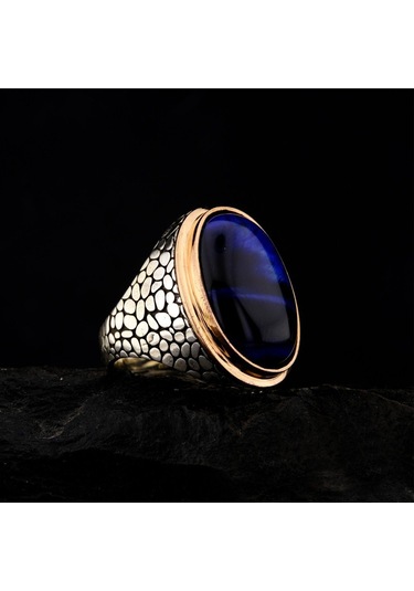 925 Ayar Gümüş Mavi Kaplan Gözü Taşlı Duvar Desenli Erkek Yüzük Çok Renkli