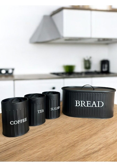 4 Lü Ekmeklik Set Metal Kapak Çay Kahve Şeker Tezgah Üstü Dolap İçi Set Saklama Kabı Syh-syh Siyah