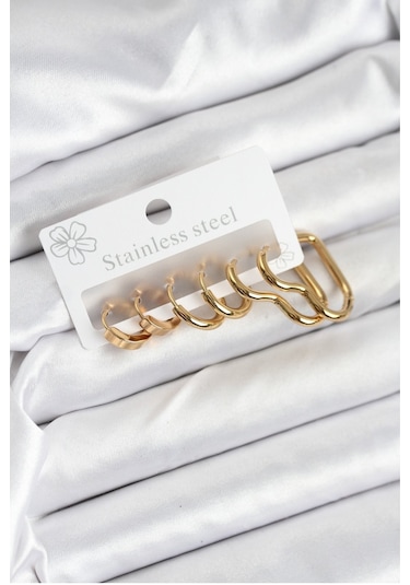 316l Çelik Gold Renk Kadın Küpe Seti Altın