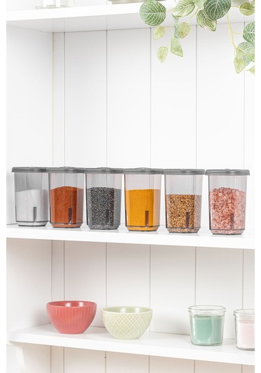 6'lı Etiketli Ve Kilitlenebilir Hava Almaz Kapaklı Baharatlık Seti - Baharatlık Gri Antrasit