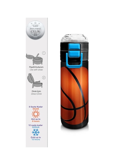 Coral High Kids Siyah Basketbol Desenli Pipetli Ve Direkt İçim Çelik Termos 500 Ml 31795 Siyah