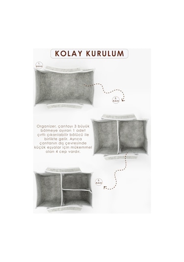 Mordesign Çok Amaçlı Kalın Keçe Anne Bebek Bakım Çantası Dolap İçi Organizer Scotch Serisi Gri