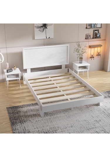 Ebruli Model Beyaz Renk Çam Ahşap Karyola Ve İki Komodin Set Dikey -290 120 x 200