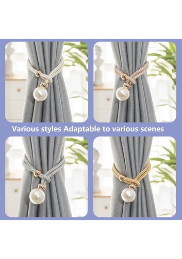 Hfambition Gri Büyük İnci Perde Bağlayıcı Seti - 4 Adet, Poliester İp + Sahte İnci Top, Ev Ofis Dekoru, Kolay Kullanım