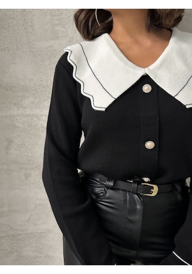 Kadın Yaka Detaylı Triko Bluz Siyah