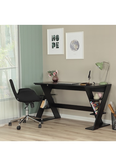 Pasific Home Lungo Raflı Çalışma Masası, Ofis Masası, 60X140 Cm, Siyah