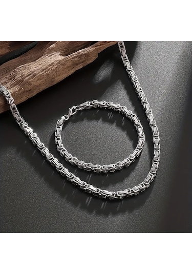 Silver Renk Tamamı Saf Çelik Kral Erkek Kolye Bileklik Set 4mm Gümüş
