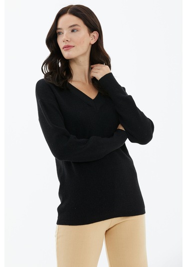 V Yaka Triko Kazak  - Siyah