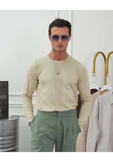 Modefendi Pamuk Yapılı Desenli Slimfit Triko Bej